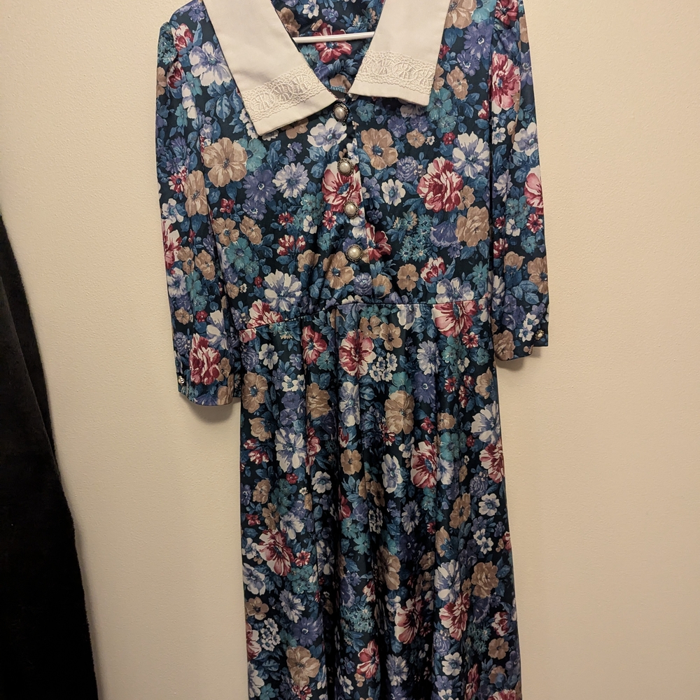 Pink and Blue Floral Vintage Cottagecore Sundress with Sailor Collar